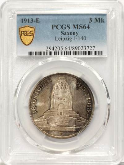 博洋堂世界钱币拍卖第131期（全场包邮） - PCGS MS64 德国萨克森1913年莱比锡建功碑3马克银币，炫彩！