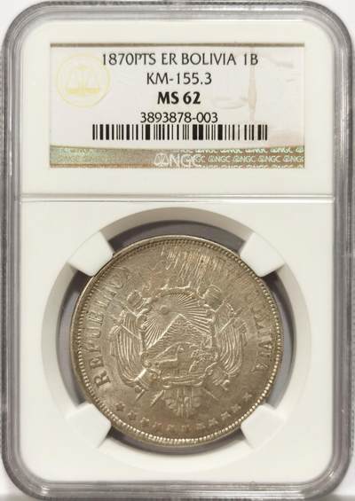 博洋堂世界钱币拍卖第131期（全场包邮） - NGC MS62 1870年PTS ER版玻利维亚1玻利瓦尔银币 麦稀奇首见年份，可见难度之大。高分难得，SBP近期同分成交价达到456美元