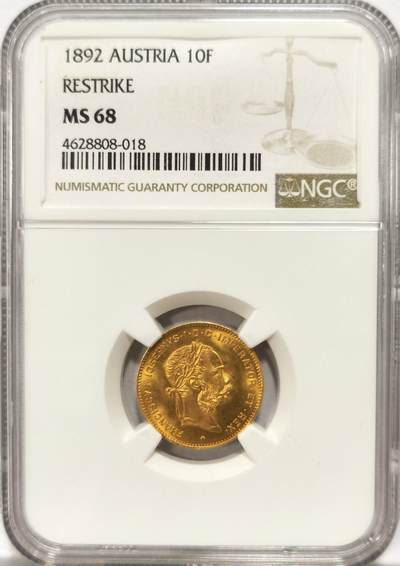 博洋堂世界钱币拍卖第131期（全场包邮） - NGC MS68 1892奥匈帝国金币，后铸版，高分难得，车轮转光金质一流