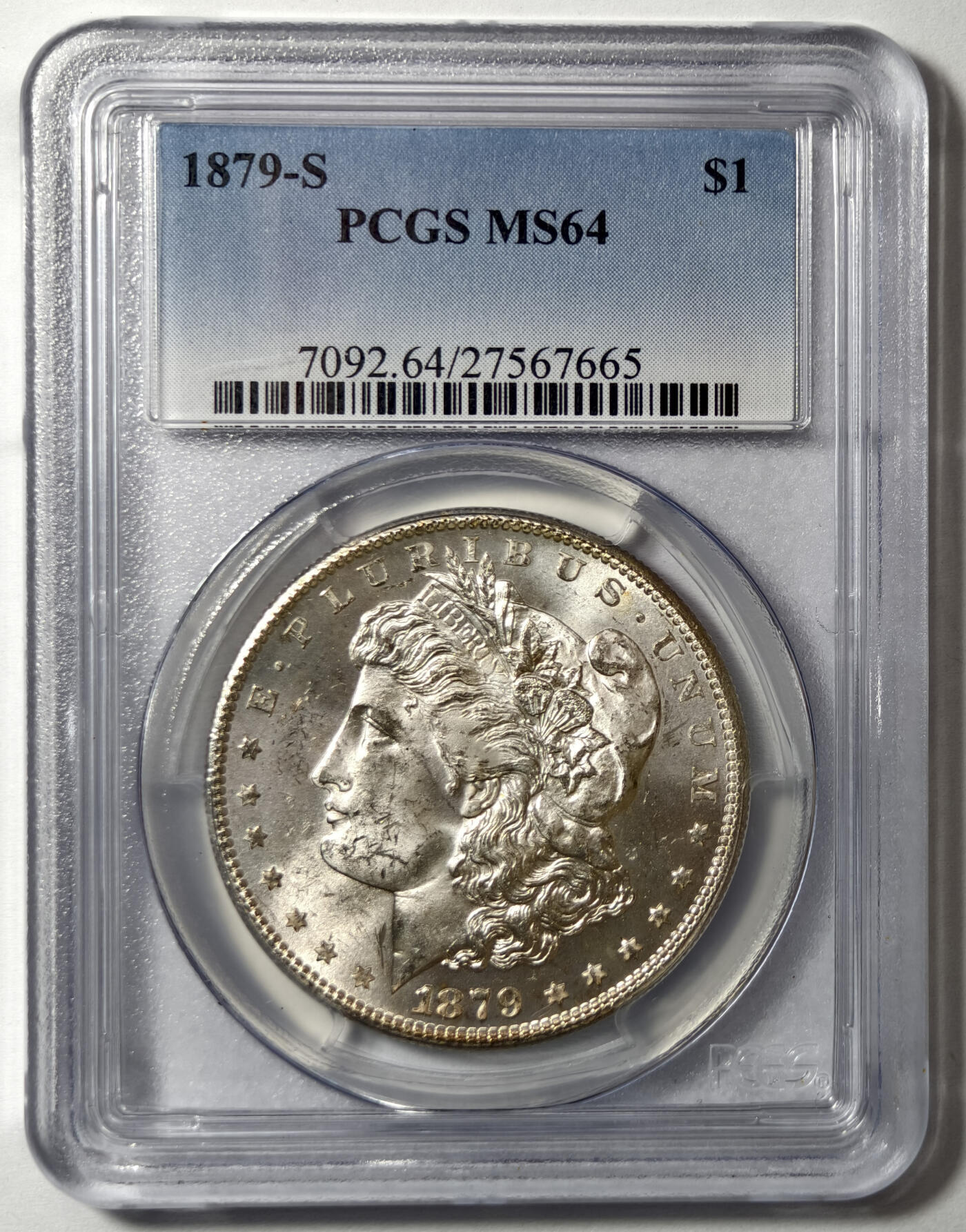 紫瑗钱币——第578期 美国 1879年 S版 摩根 大头妹 1美元 银币 PCGS MS64 老盒 霜面质感，打制细腻