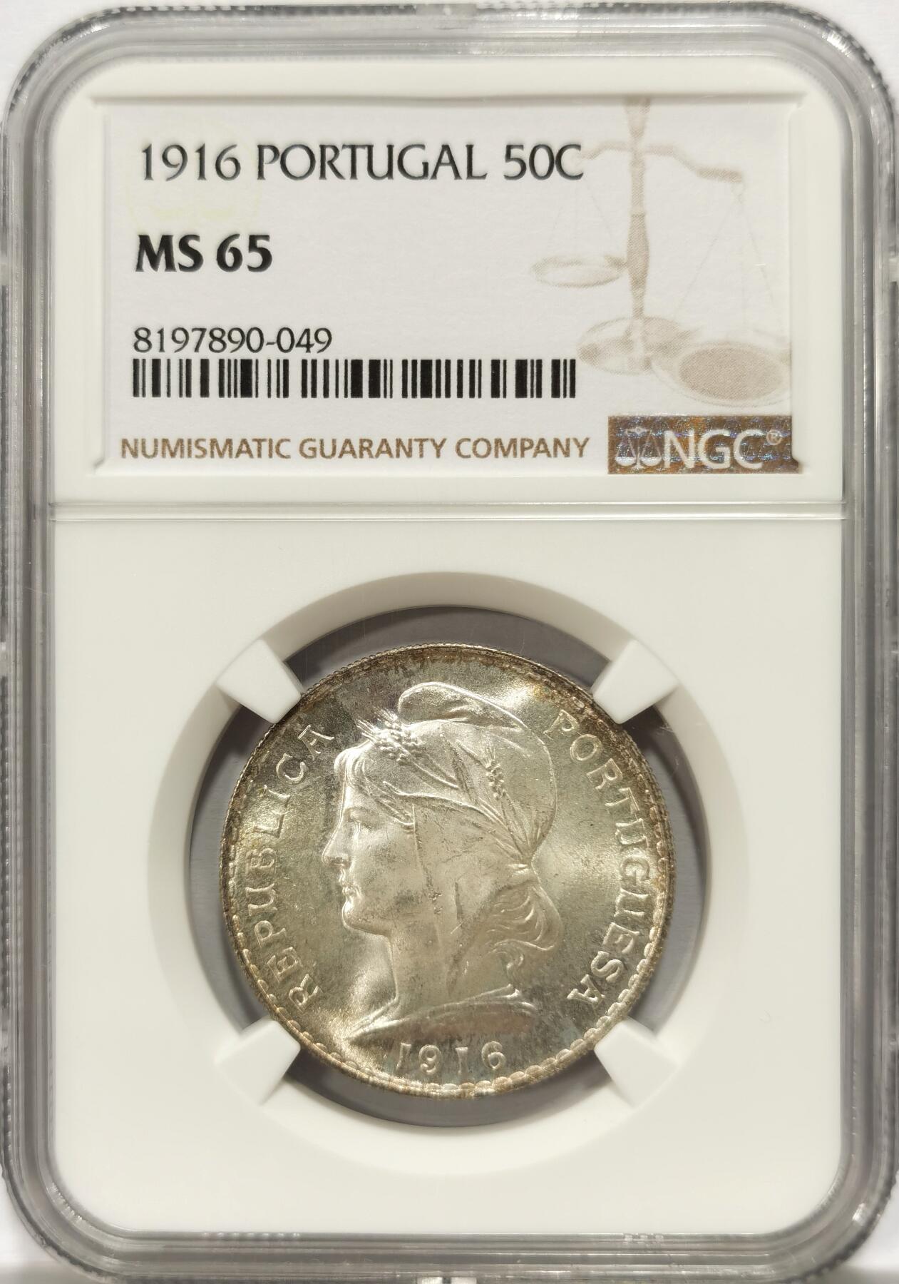 博洋堂世界钱币拍卖第131期（全场包邮） NGC MS65 1916年葡萄牙50分银币 十字转光，卷拆超高品质，博洋堂近期同分曾有640元成交