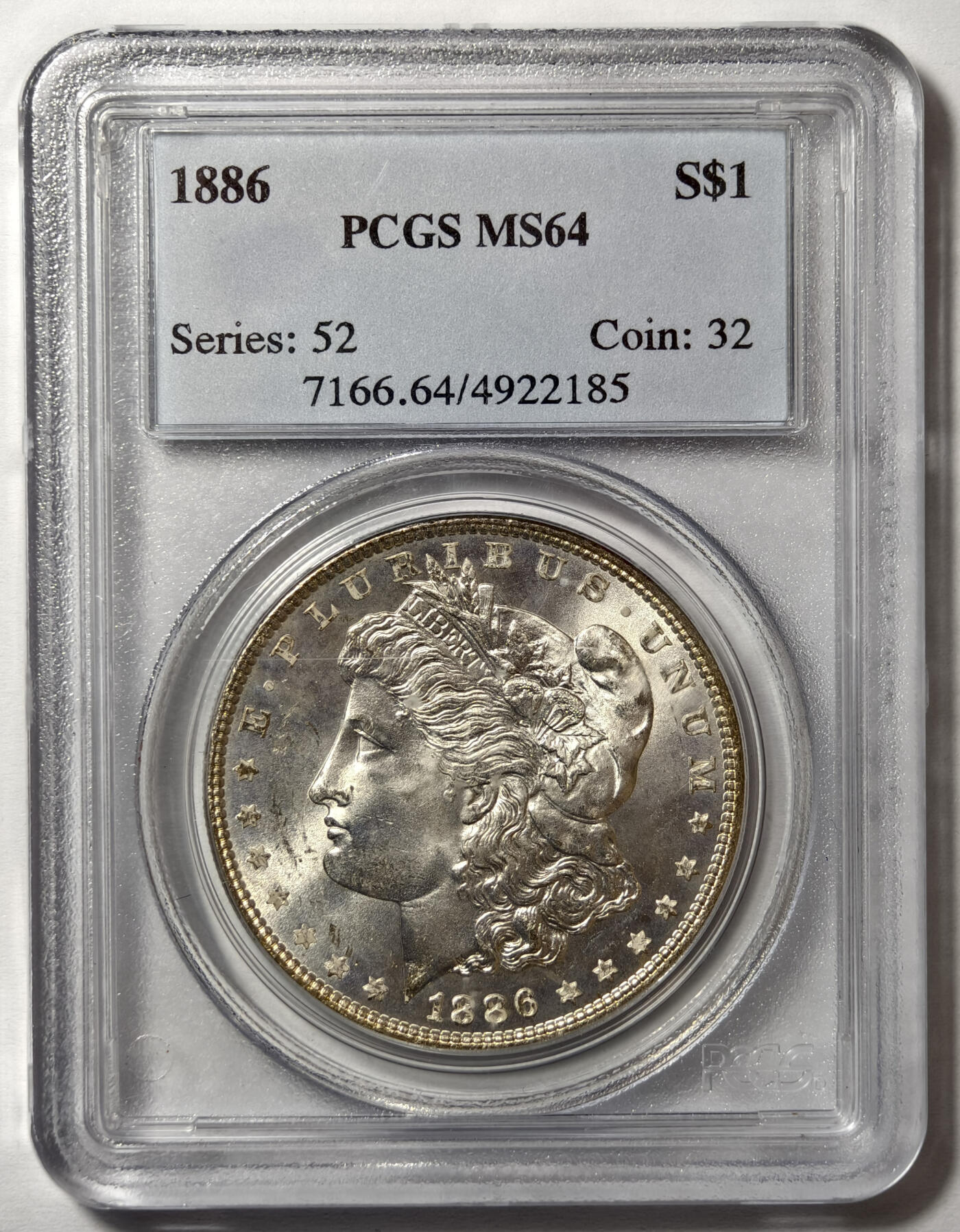 紫瑗钱币——第575期 美国 1886年  摩根 大头妹 1美元 银币 PCGS MS64 老盒 霜面银光，银霜细腻