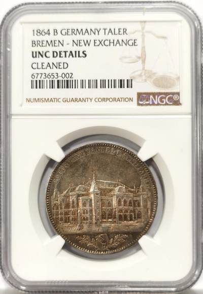 博洋堂世界钱币拍卖第131期（全场包邮） - NGC UNC92 1864年不来梅证券交易所1泰勒银币 发行量仅仅5000枚的联合泰勒名誉品种，其建筑细节刻画丝丝入扣。此枚状态极佳，正反均覆盖着原味酱五彩包浆，肉眼未见明显清晰痕迹。麦稀奇此前UNC裸币成交价就已经达到了3128元，此枚包浆更好细节更佳，势必取得更好成绩