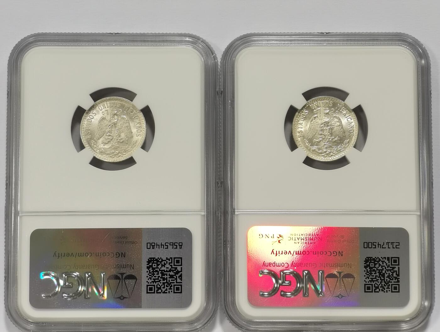 博洋堂世界钱币拍卖第131期（全场包邮） NGC MS65 墨西哥1939、1942年鹰洋20分银币2枚一对，高分！