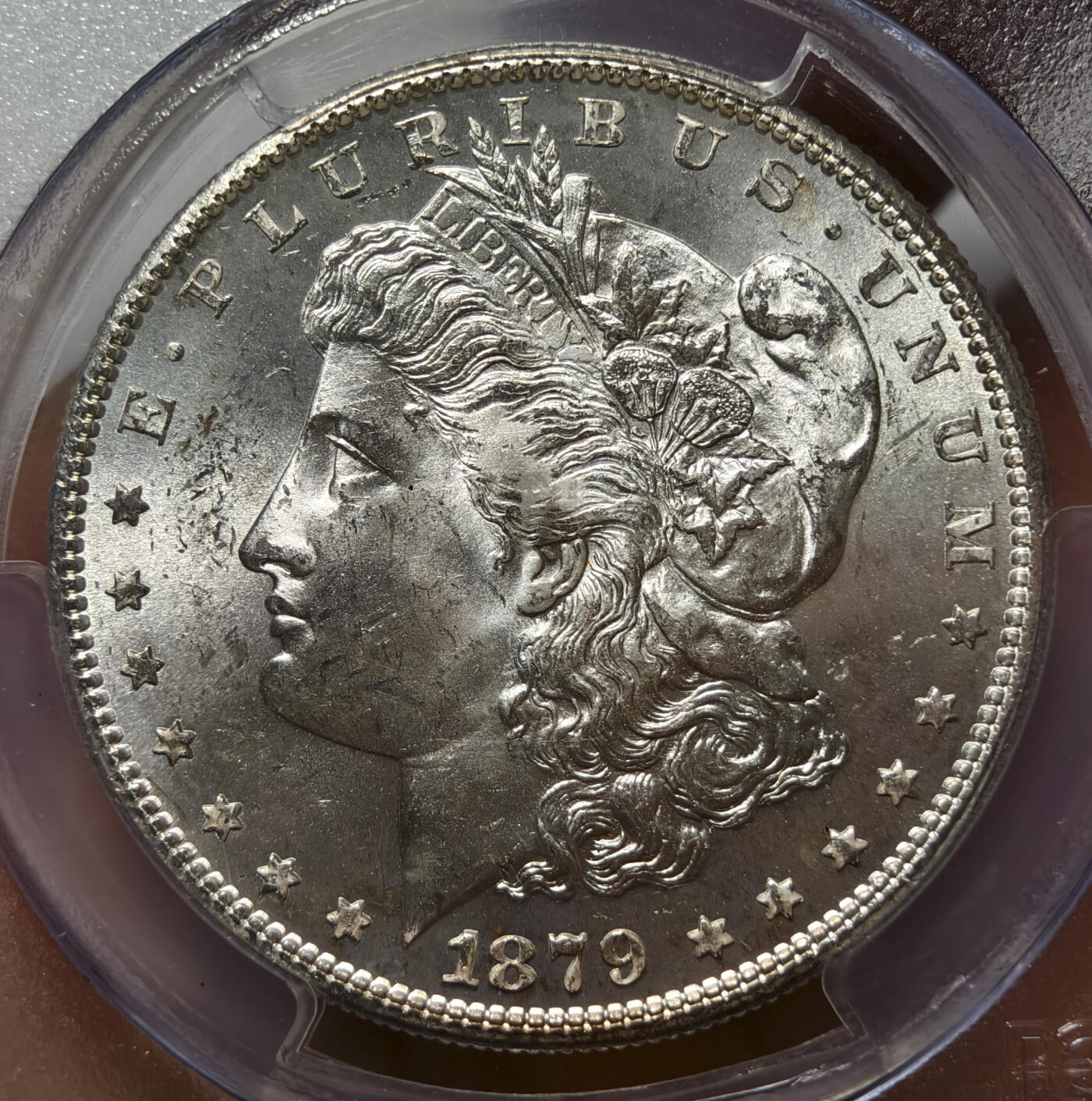 紫瑗钱币——第578期 美国 1879年 S版 摩根 大头妹 1美元 银币 PCGS MS64 老盒 霜面质感，打制细腻