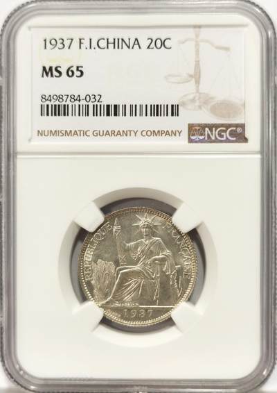 博洋堂世界钱币拍卖第131期（全场包邮） - NGC MS65 法属印支1937年坐洋20分 来自购于南亚藏家的一组三枚。完美品质，N压分后仍获65分，面部尽显分毫，美丽无须多言。