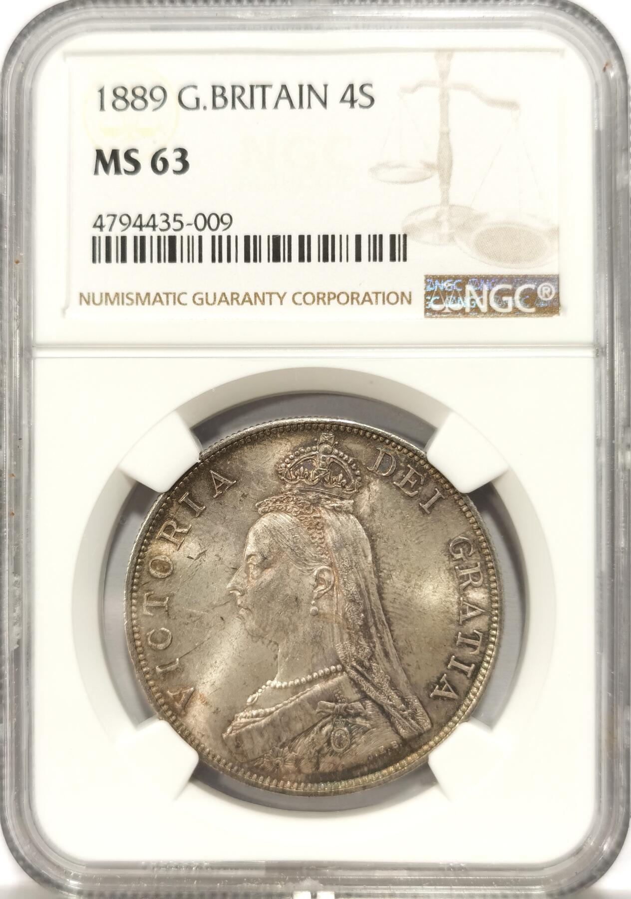 博洋堂世界钱币拍卖第131期（全场包邮） NGC MS63 1889年英国维多利亚双福大银币，稀少年份，数量远少于1887年，包浆光度都一流