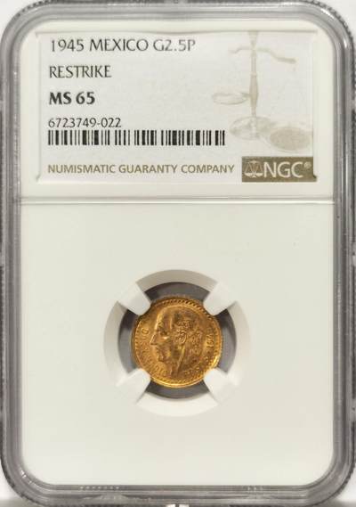 博洋堂世界钱币拍卖第131期（全场包邮） - NGC MS65 墨西哥1945年2.5比索金币 后铸版 味道不错，与鹰洋同时期发行，存世稀少。