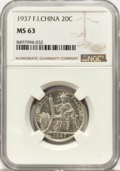 博洋堂世界钱币拍卖第131期（全场包邮） - NGC MS63 法属印支1937年坐洋20分 来自购于南亚藏家的一组三枚。光泽充盈，面部深打，略有接触痕，但瑕不掩瑜。