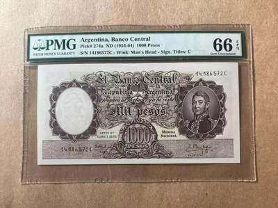 【礼羽收藏】🌏世界钱币拍卖第96期 - 阿根廷 1954年1000比索 A版冠军分 大票幅 PMG66EPQ 