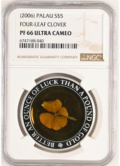 第166期拍卖【长期征集拍品】 - 帕劳2006年四叶草实物镶嵌纪念银币NGC-PF66，925银，1盎司，编号6747188-040 