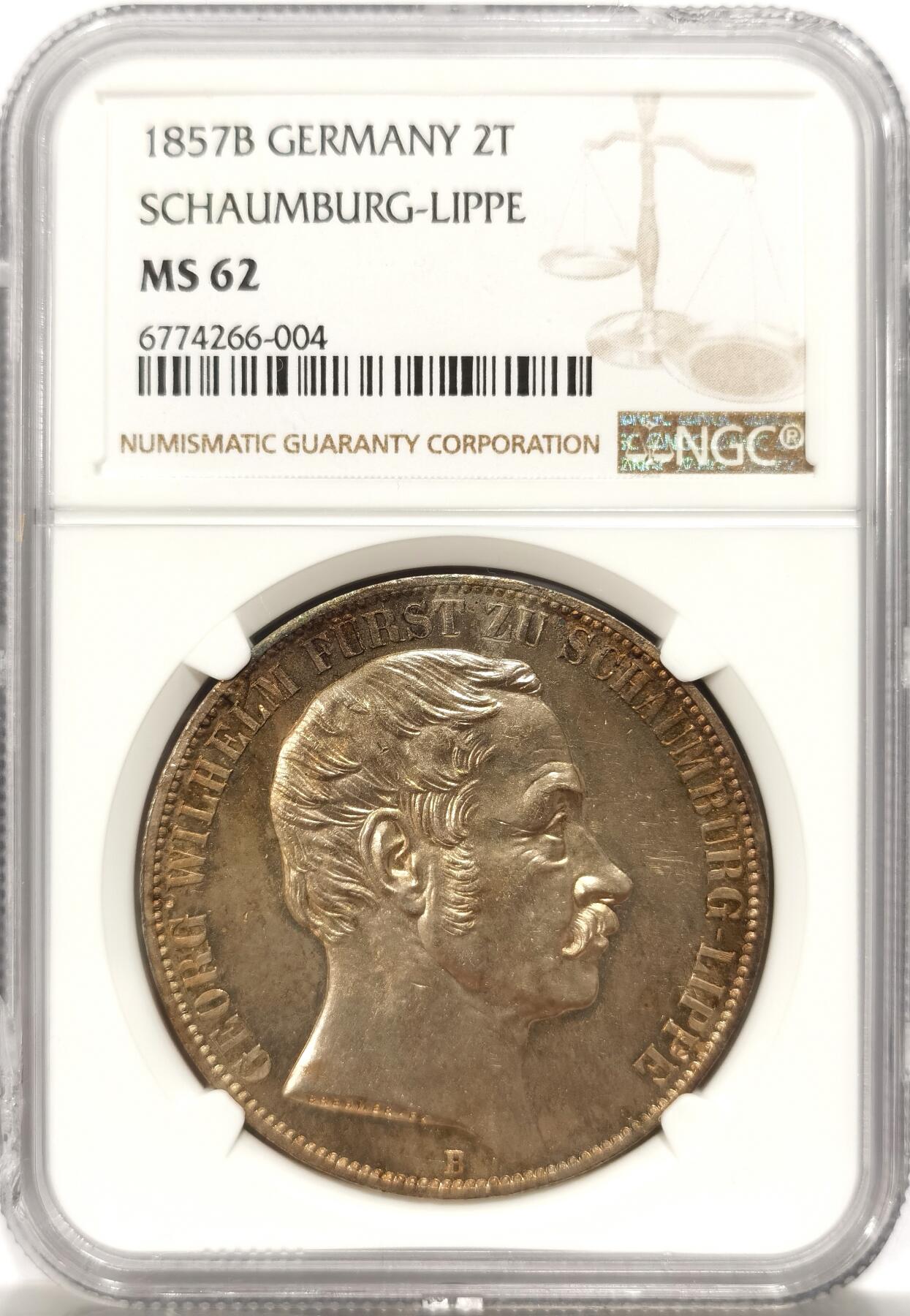 博洋堂世界钱币拍卖第131期（全场包邮） NGC MS62 1857年德国绍姆堡-利普2泰勒 来自汉诺威厂的顶级工艺水准 发行量仅仅2000枚的名誉品种，也是绍姆堡唯一发行过的2泰勒品种，非常漂亮的原味玫瑰金色五彩包浆，镜面感非常强，一步到位的典藏级状态，盒子右上角有一处磕损