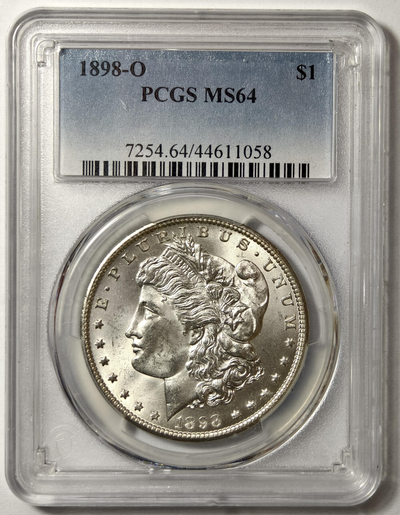 紫瑗钱币——第576期 美国 1898年 O版 摩根 大头妹 1美元 银币 PCGS MS64 老盒 底板打制的十分不错，细腻带点霜感