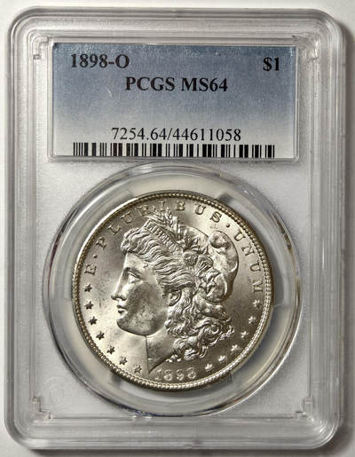 紫瑗钱币——第576期 - 美国 1898年 O版 摩根 大头妹 1美元 银币 PCGS MS64 老盒 底板打制的十分不错，细腻带点霜感