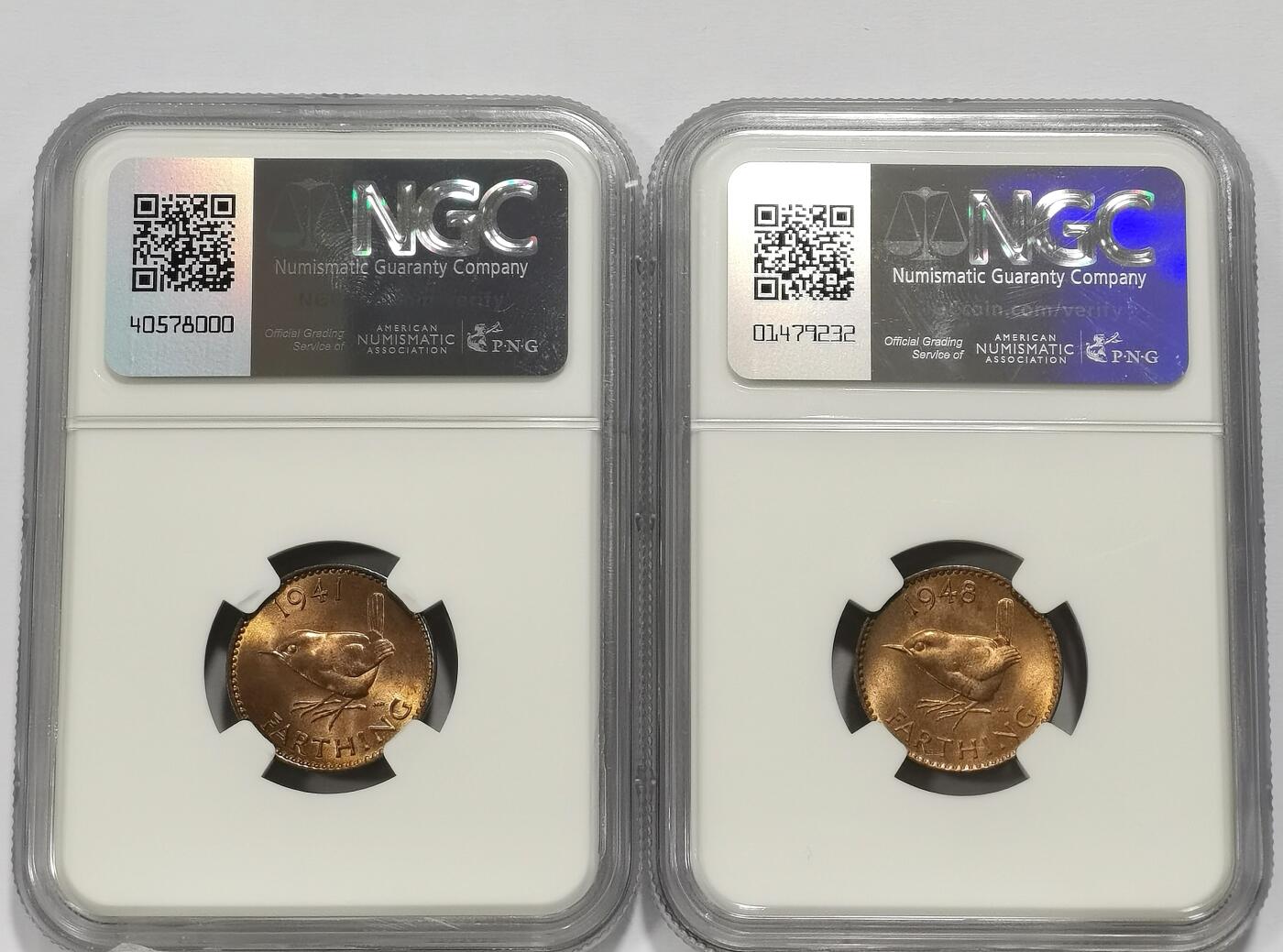 博洋堂世界钱币拍卖第131期（全场包邮） NGC MS65RB 英国1941、1948年乔治六世1/4便士铜币2枚一对