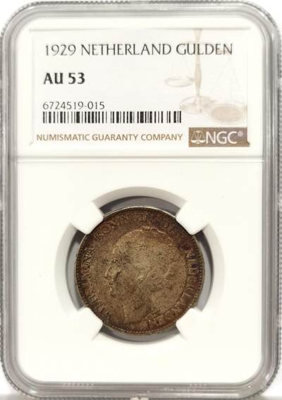 博洋堂世界钱币拍卖第131期（全场包邮） - NGC AU53 荷兰1929年威廉敏娜女王1盾银币，红五彩包浆