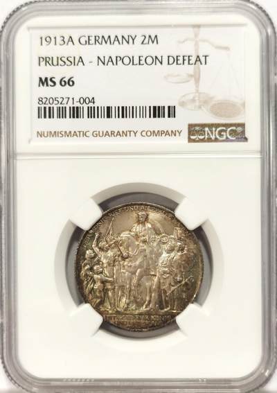博洋堂世界钱币拍卖第131期（全场包邮） - NGC MS66 德国普鲁士1913年普法胜利100周年纪念2马克银币，超级彩，超高分！