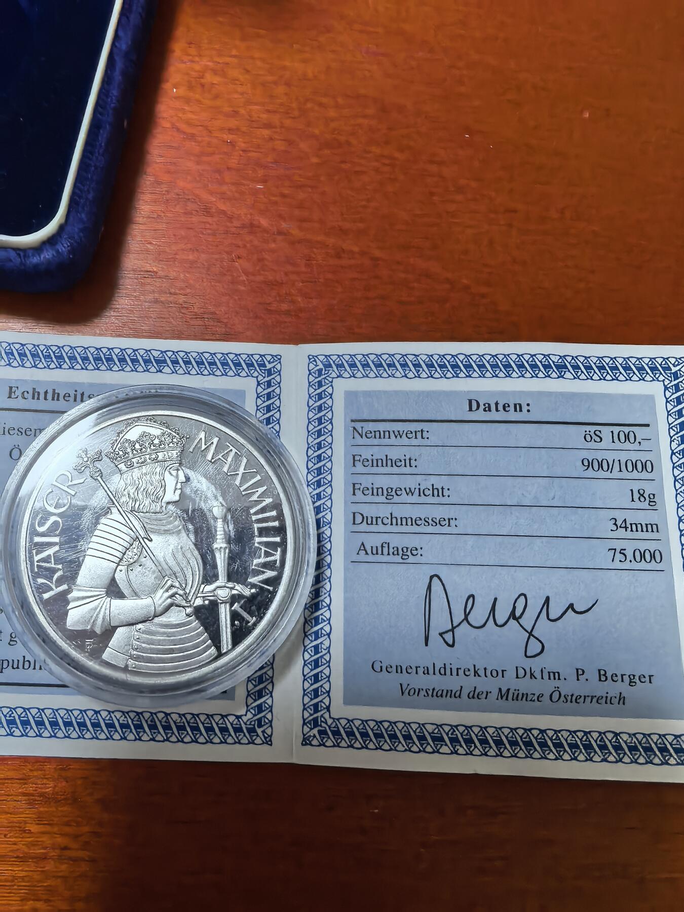 长老汇蛇年精选第二十四场拍卖 1992奥地利马克西米利安一世100先令精制银币，盒证全