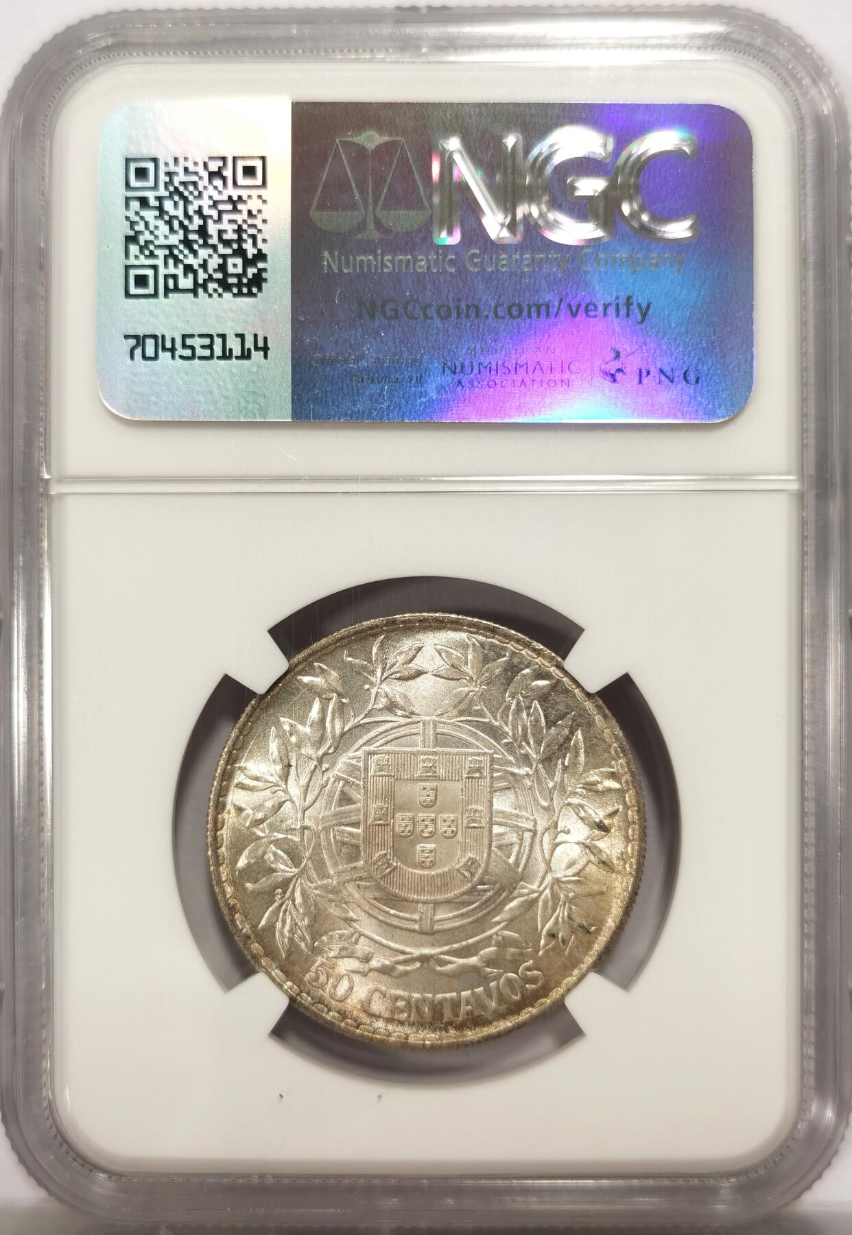 博洋堂世界钱币拍卖第131期（全场包邮） NGC MS65 1916年葡萄牙50分银币 十字转光，卷拆超高品质，博洋堂近期同分曾有640元成交