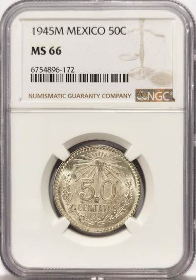 博洋堂世界钱币拍卖第131期（全场包邮） - NGC MS66 墨西哥1945年50分鹰洋银币，高分难得