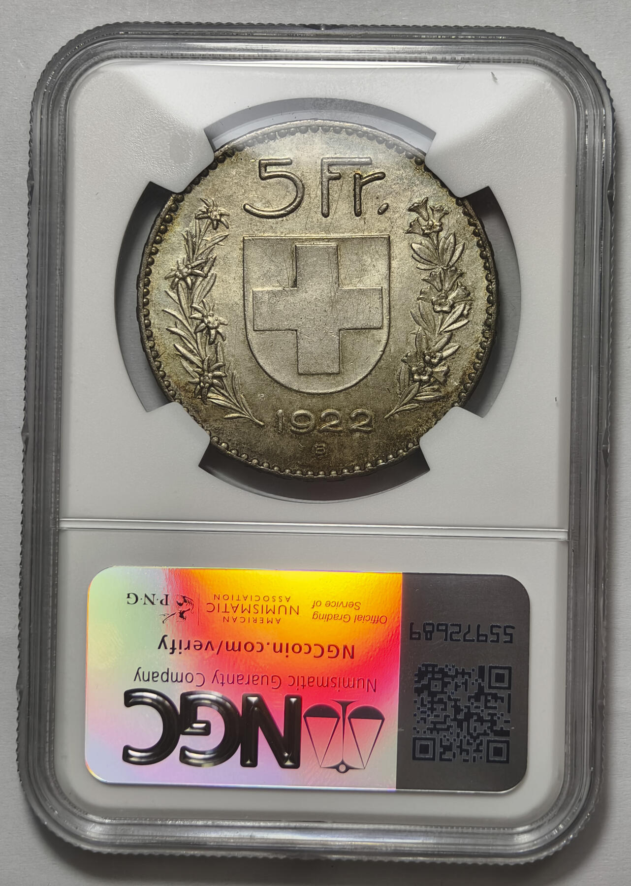 紫瑗钱币——第576期 瑞士 1922年 B版  威廉泰尔 5法郎 	25克 0.9银 NGC UNC DETAIL