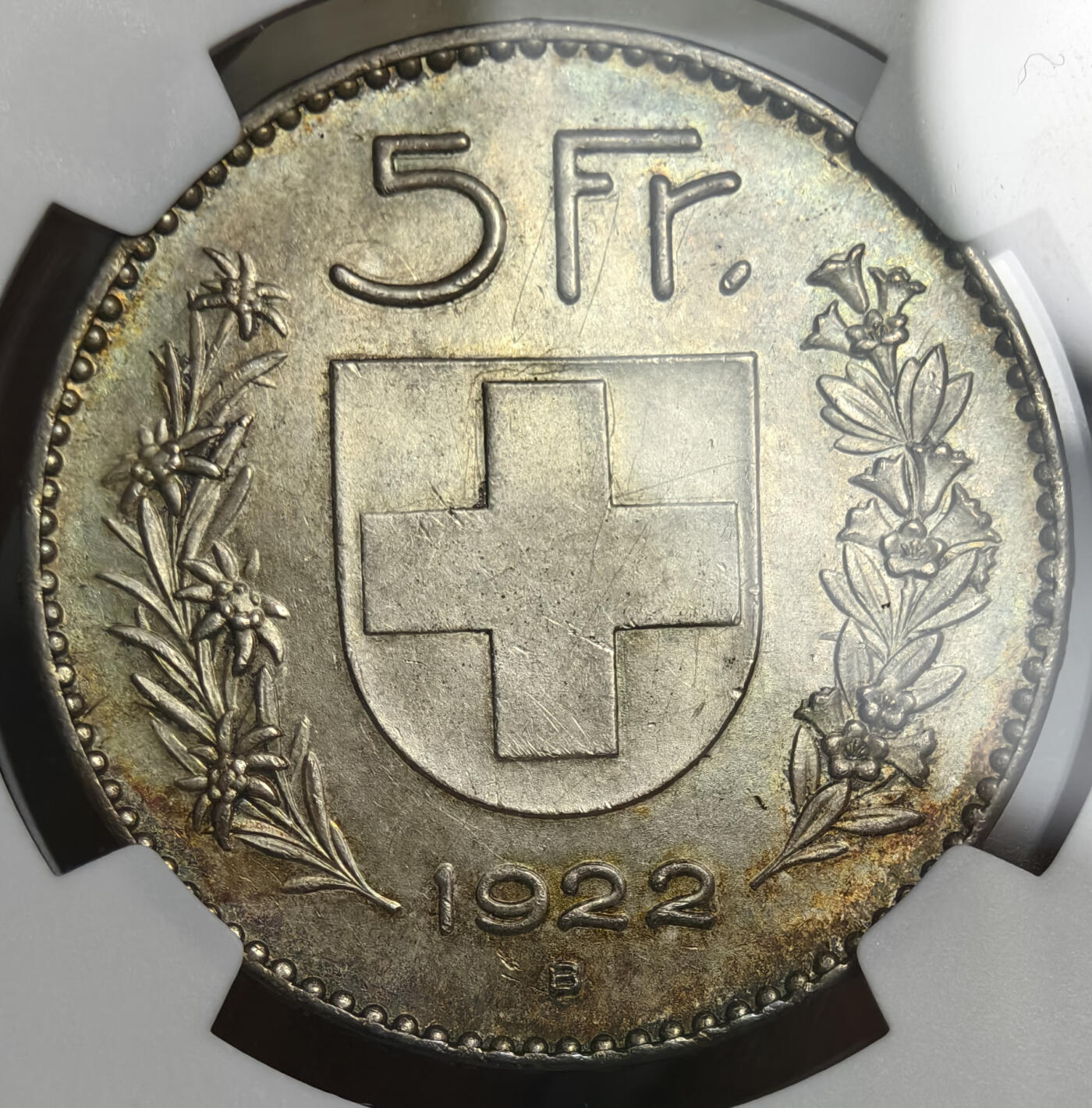 紫瑗钱币——第576期 瑞士 1922年 B版  威廉泰尔 5法郎 	25克 0.9银 NGC UNC DETAIL