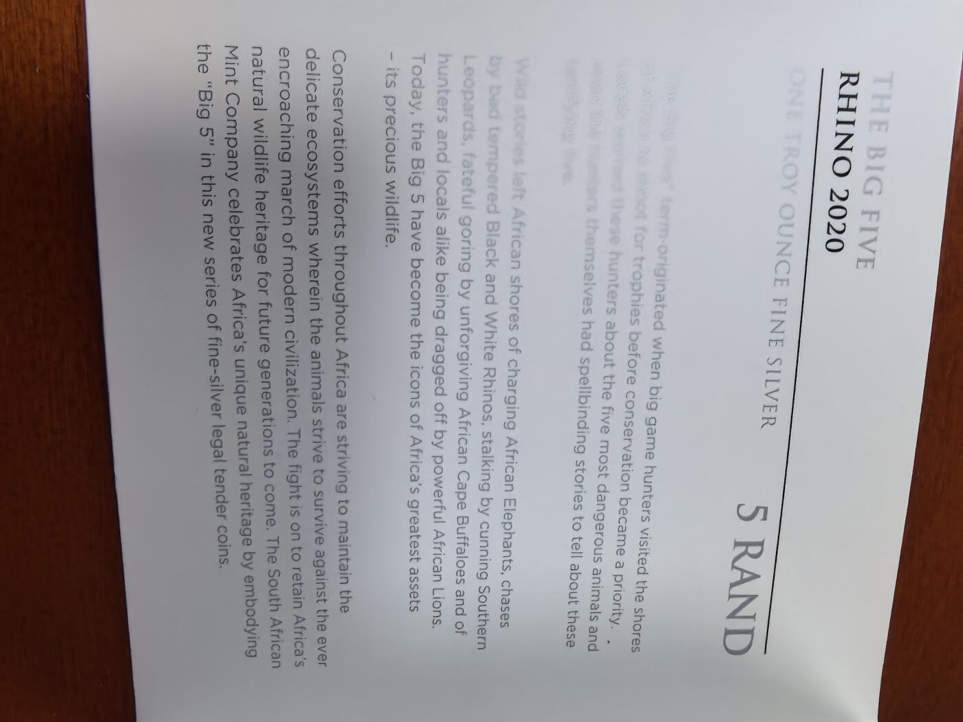 长老汇蛇年精选第二十五场拍卖 2020南非非洲五霸之一犀牛5朗德银币，卡装，1.5万枚