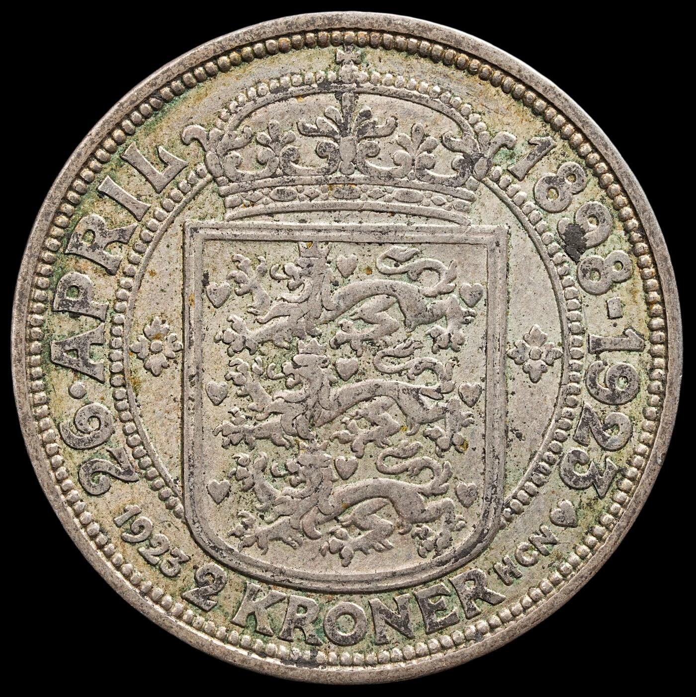 修遠堂世界钱币第七十八期 1923年丹麦国王银婚纪念2克朗银币 15g，含银80%