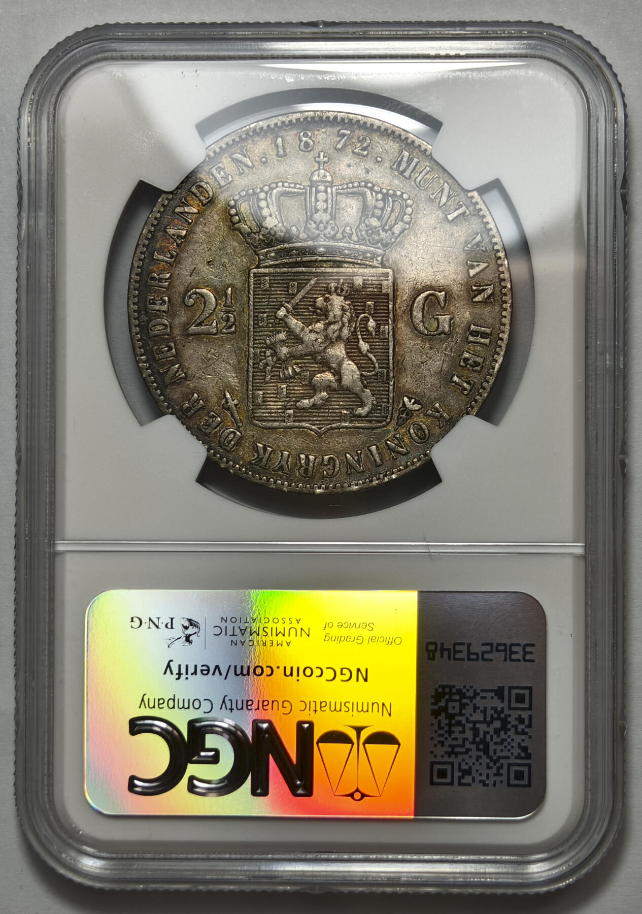 紫瑗钱币——第576期 荷兰 1872年 威廉三世 2.5盾 25克 0.945银 老五彩包浆 NGC XF40
