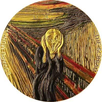 第166期拍卖【长期征集拍品】  加纳2022年，蒙克 超现实主义名画最著名杰作-《呐喊》，2盎司超大幅面(直径达70mm)，整体镀金，彩色大银币. 盒证全. 实物远比照片震撼漂亮. 国外售价362美元