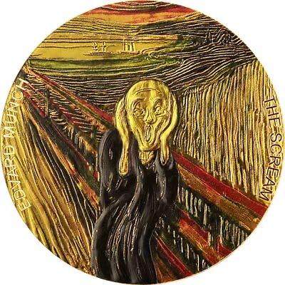 第166期拍卖【长期征集拍品】 -  加纳2022年，蒙克 超现实主义名画最著名杰作-《呐喊》，2盎司超大幅面(直径达70mm)，整体镀金，彩色大银币. 盒证全. 实物远比照片震撼漂亮. 国外售价362美元