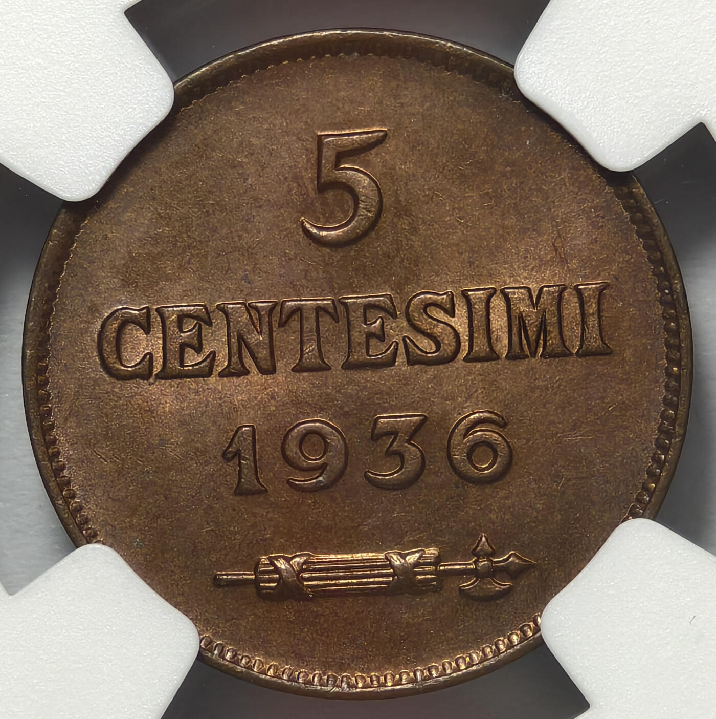 紫瑗钱币——第575期 圣马力诺 1936年  国徽 5分 NGC MS65 RB