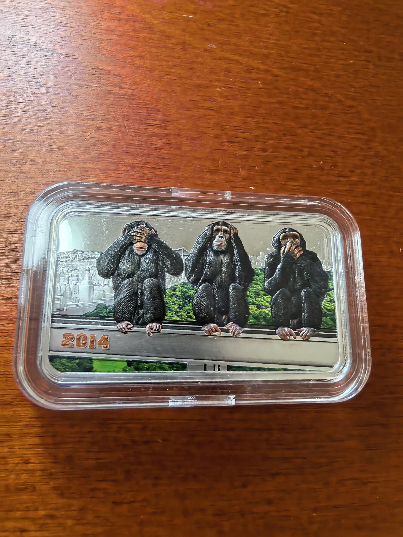 长老汇蛇年精选第二十五场拍卖 2014坦赞尼亚三智猴——非礼勿视，非礼勿言，非礼勿听1000先令彩色矩形精制银币，盒证全