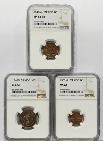 博洋堂世界钱币拍卖第131期（全场包邮） - NGC MS63-64 墨西哥1946-1963年小鹰洋3枚一组