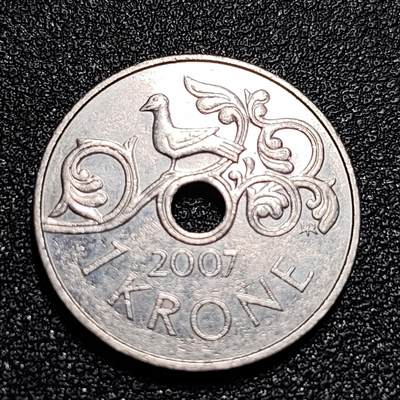 泉币菌-第55场-各国散币场 - 挪威07年 1克朗中孔镍币 21mm 