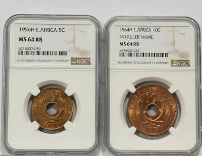 博洋堂世界钱币拍卖第131期（全场包邮） - NGC MS64RB 英属东非1956/64年伊丽莎白二世5分、10分铜币2枚一对