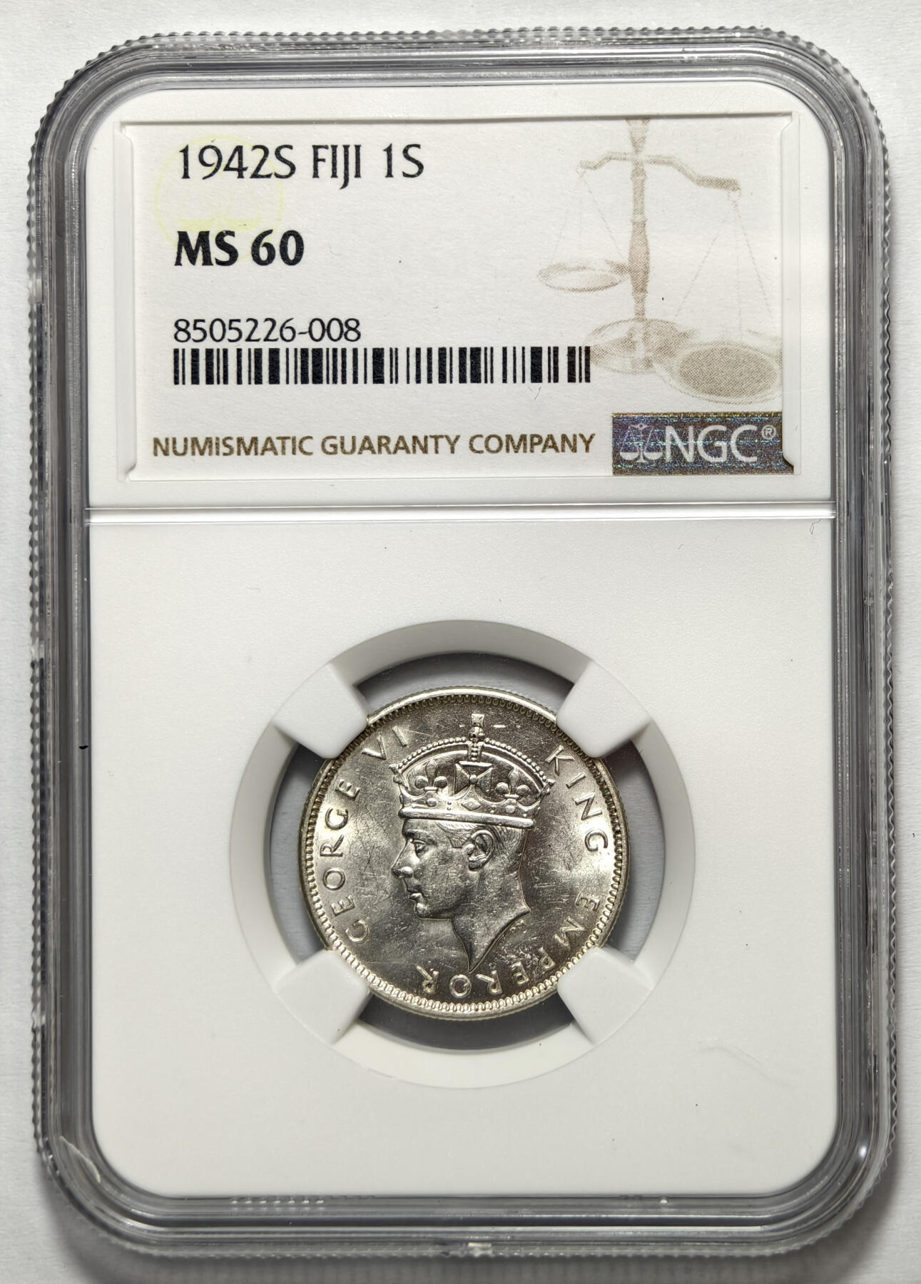 紫瑗钱币——第576期 斐济 1942年 S版 乔治六世 一先令 5.66克 0.9银 NGC MS60