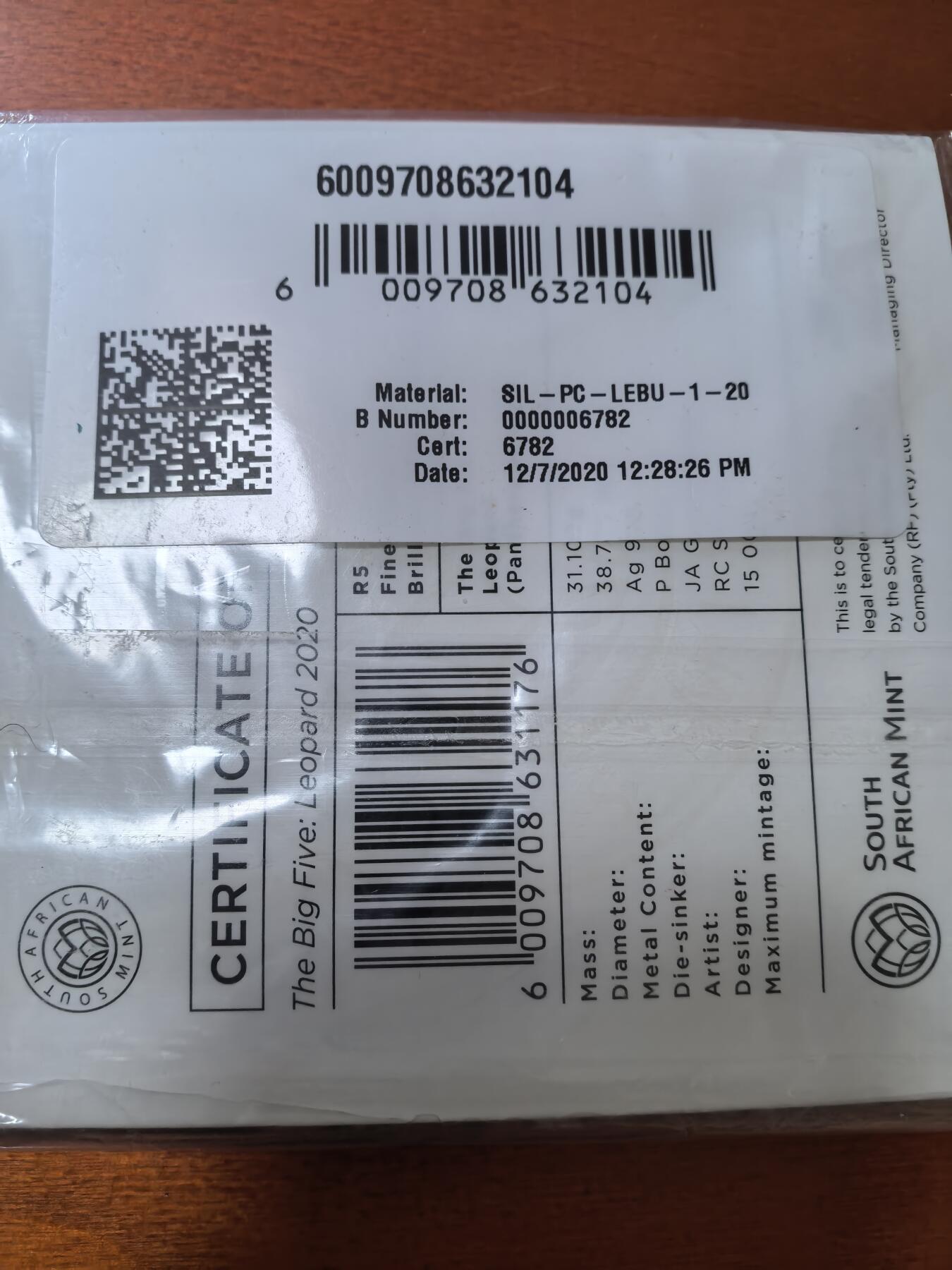长老汇蛇年精选第二十五场拍卖 2020南非非洲五霸之一猎豹5朗德银币，卡装，1.5万枚