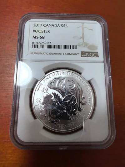 长老汇马年精选第十二场拍卖 - 2017 加拿大鸡年5加元银币，NGC MS68，亚军，更高2枚，1盎司9999银