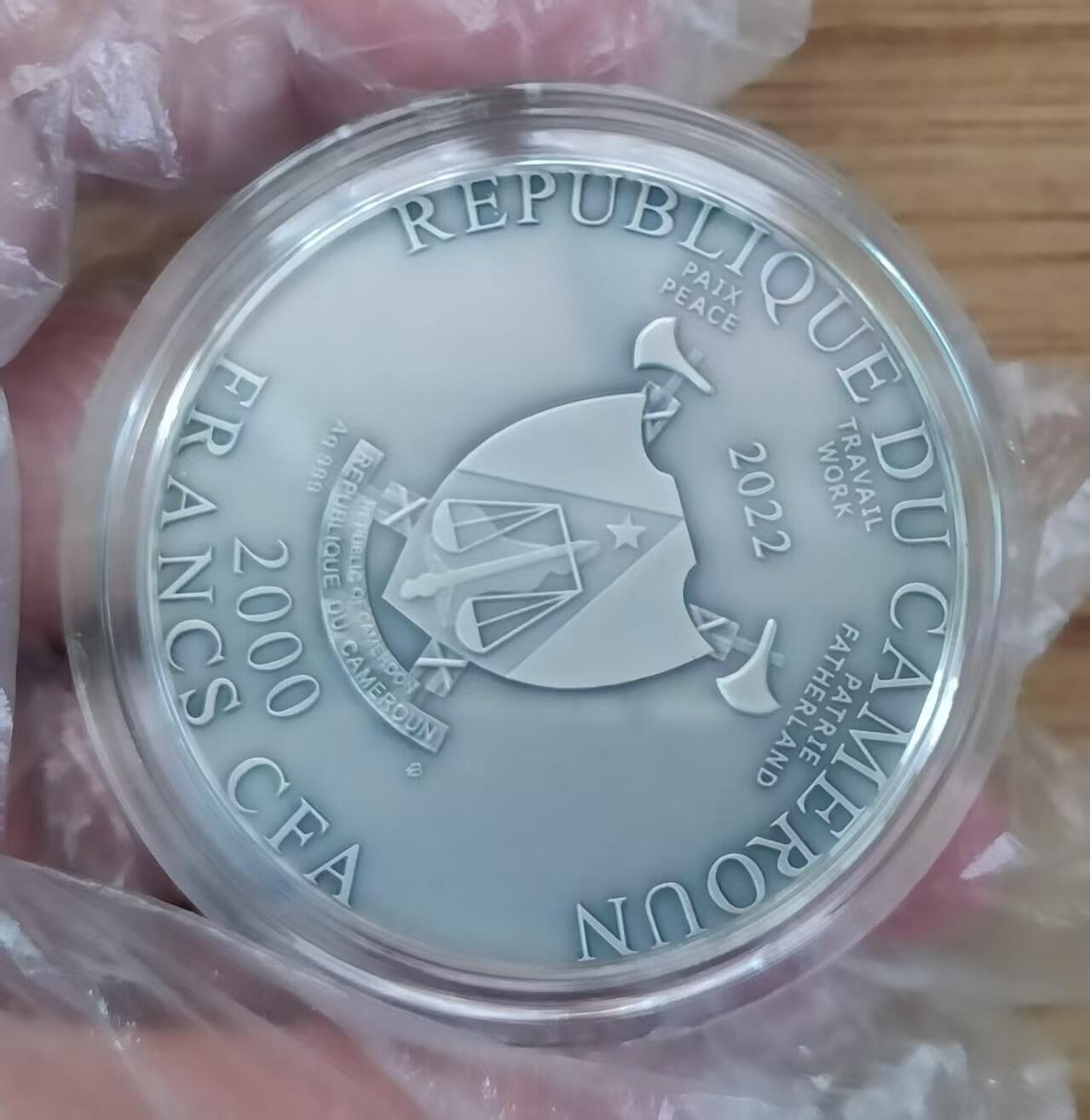 第166期拍卖【长期征集拍品】  喀麦隆2022年，圣母玛利亚-慈祥圣母，2盎司加大(直径达50mm),高浮雕,镶嵌双琥珀,大面积镀24K金,仿古,银币. 盒证全. 超漂亮银币,实物更美丽. 国外售价415美元