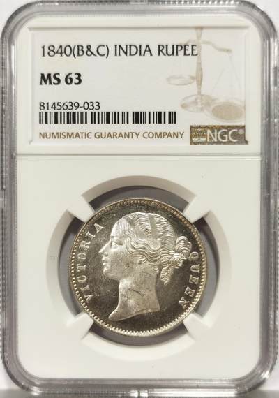 博洋堂世界钱币拍卖第131期（全场包邮） - NGC MS63 英属东印度公司1840年维多利亚双辫版1卢比银币