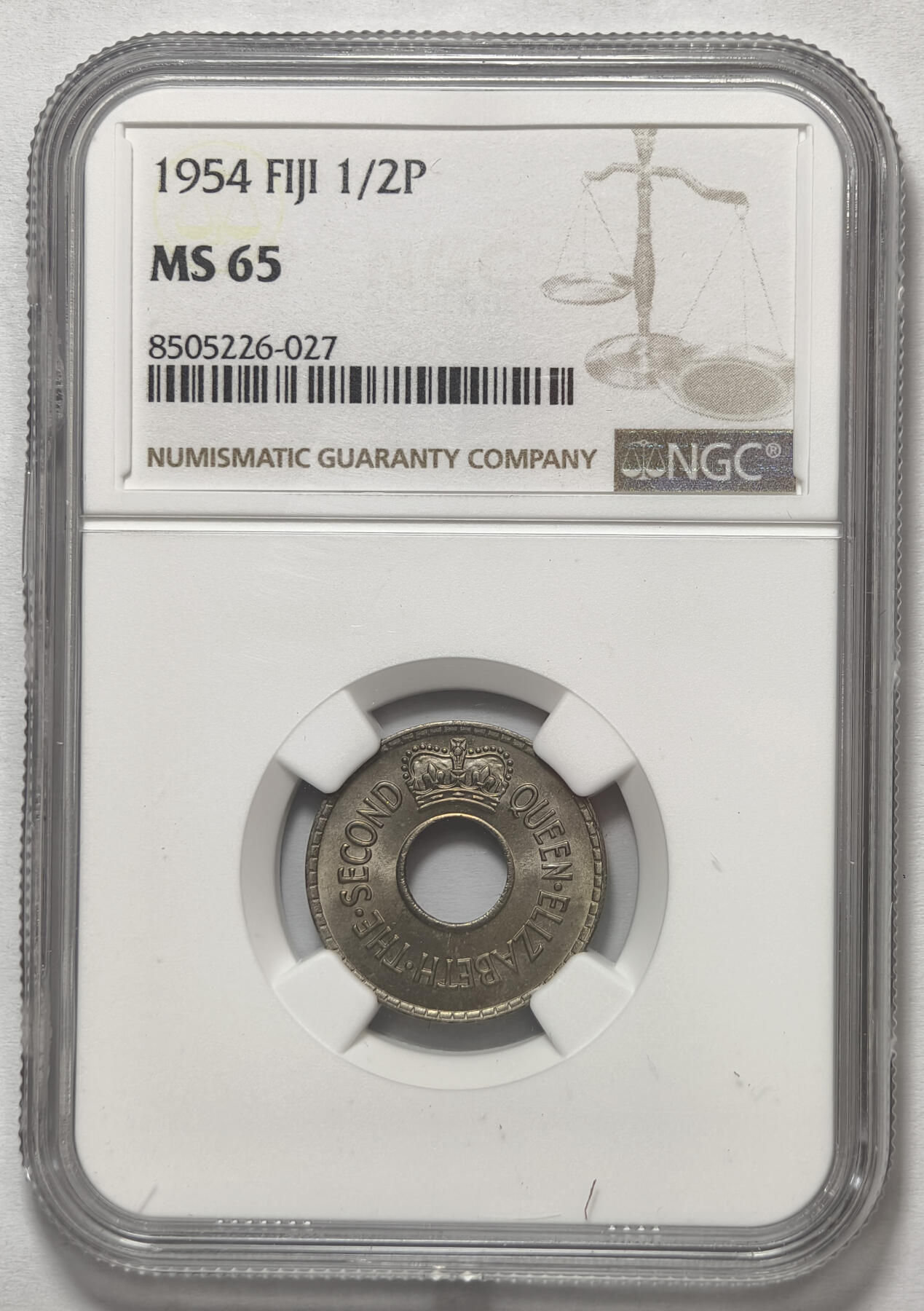 紫瑗钱币——第575期 	斐济 1954年 伊丽莎白二世 半便士 NGC MS65