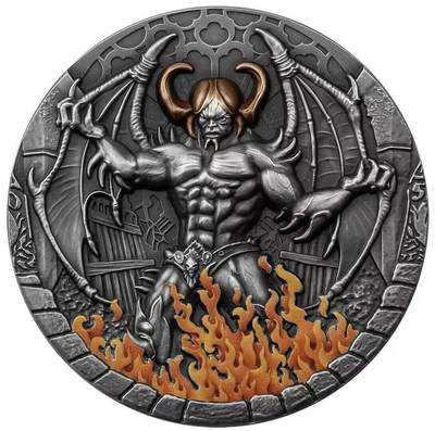 第166期拍卖【长期征集拍品】 - 【龙头币】喀麦隆2021年，天使魔王系列(1)-别西卜，2盎司超高浮雕仿古镀金彩色银币. 盒证全. 龙头币(系列第1枚). 别西卜是路西法的兄弟或化身,路西法是当前热门话题光明会的精神领袖. 热门系列(此系列已发行了2枚,即将发行第3枚). 国外售价395美元