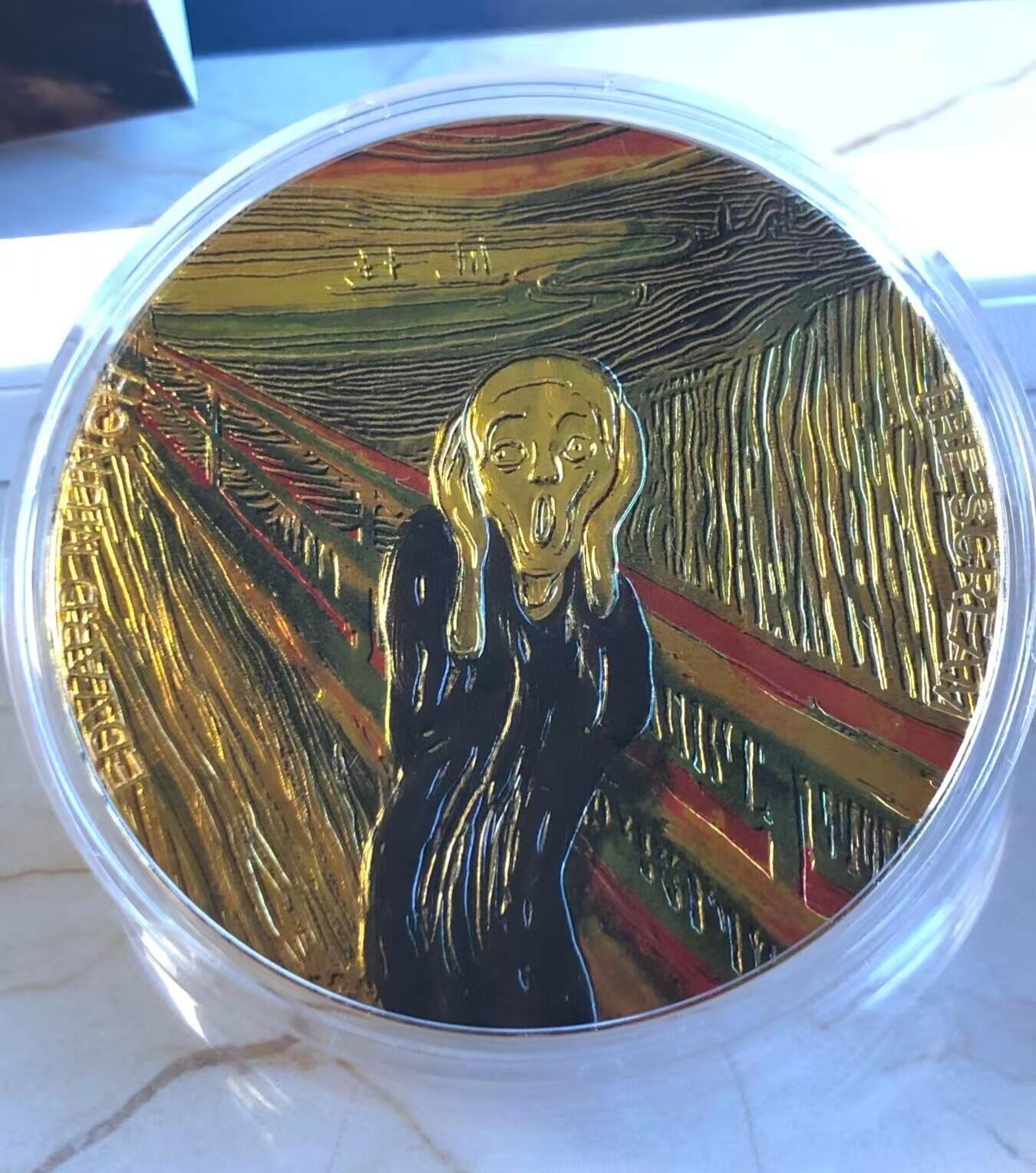 第166期拍卖【长期征集拍品】  加纳2022年，蒙克 超现实主义名画最著名杰作-《呐喊》，2盎司超大幅面(直径达70mm)，整体镀金，彩色大银币. 盒证全. 实物远比照片震撼漂亮. 国外售价362美元