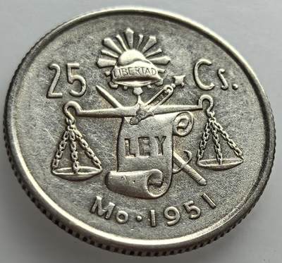 外国优质老铜币纪念章银币，周六晚上九点倒数截拍，满百包邮，出差2周7月20日发货,可寄存半年，喜欢朋友微信扫描二维码可直接参拍 - 墨西哥天平25分银币1951年
