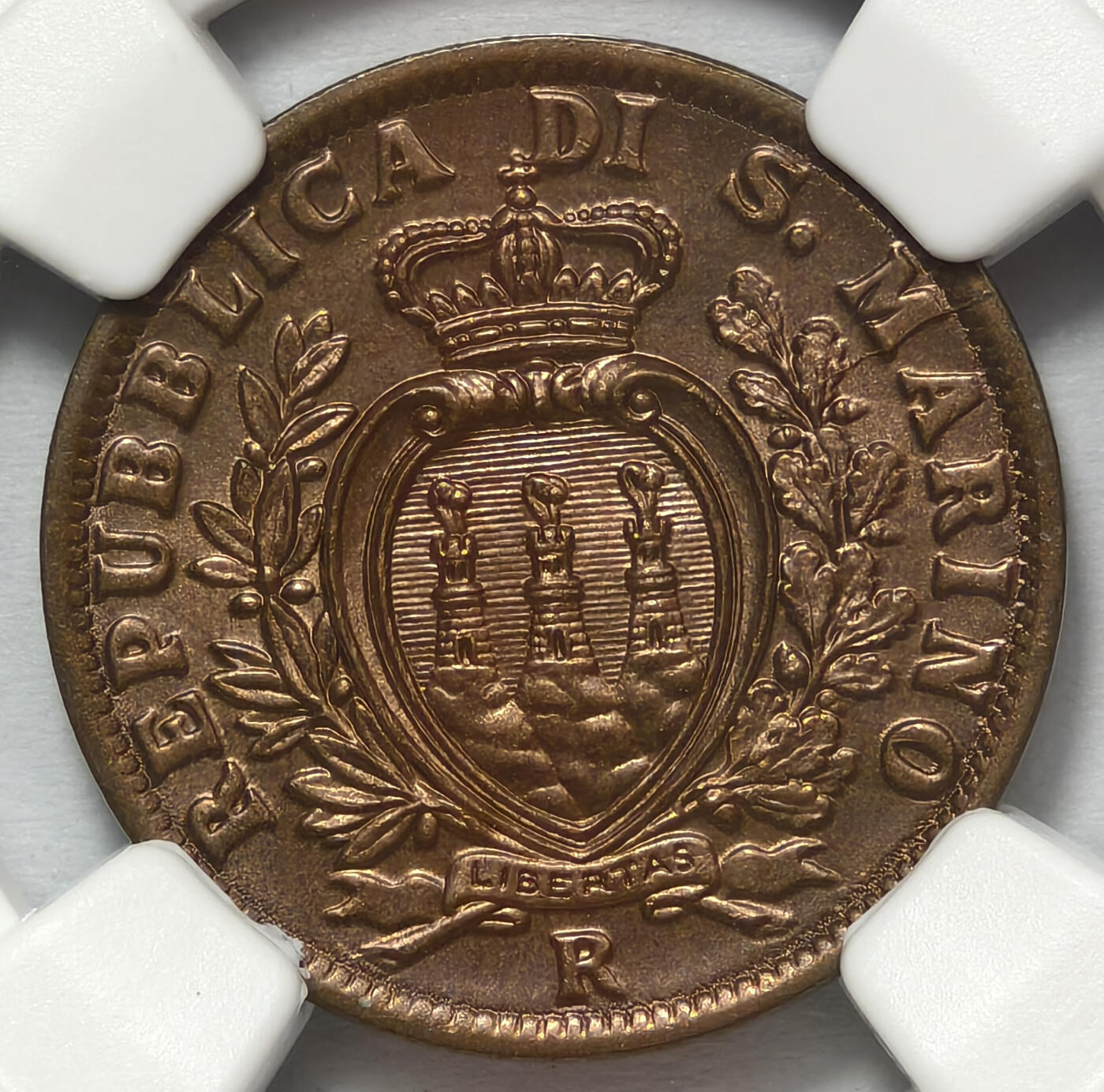 紫瑗钱币——第575期 圣马力诺 1936年  国徽 5分 NGC MS65 RB