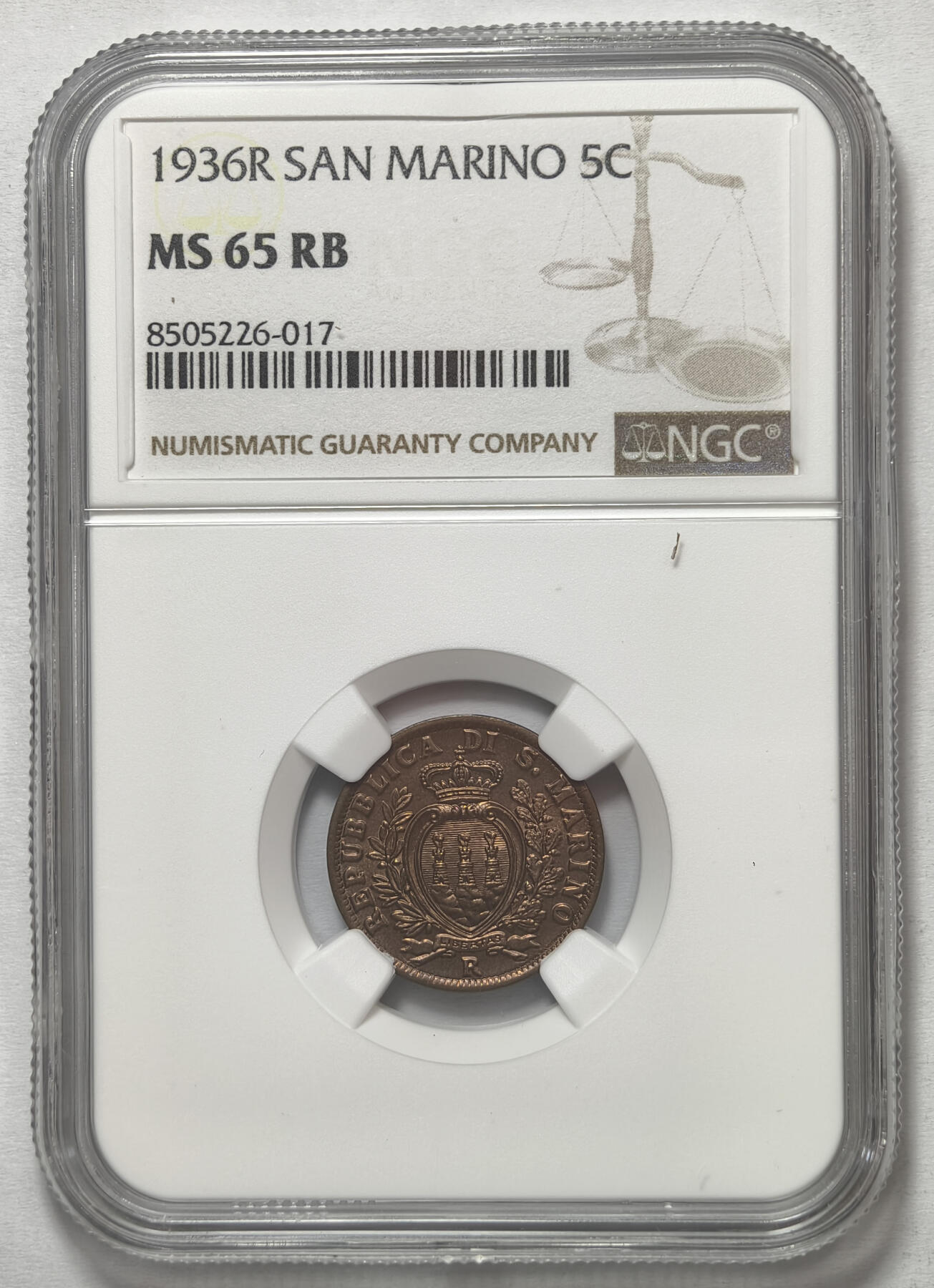 紫瑗钱币——第575期 圣马力诺 1936年  国徽 5分 NGC MS65 RB
