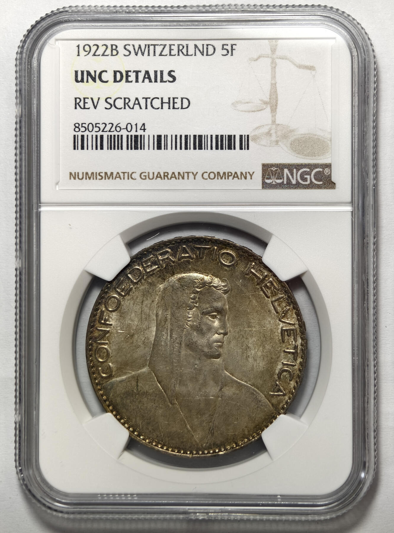 紫瑗钱币——第576期 瑞士 1922年 B版  威廉泰尔 5法郎 	25克 0.9银 NGC UNC DETAIL