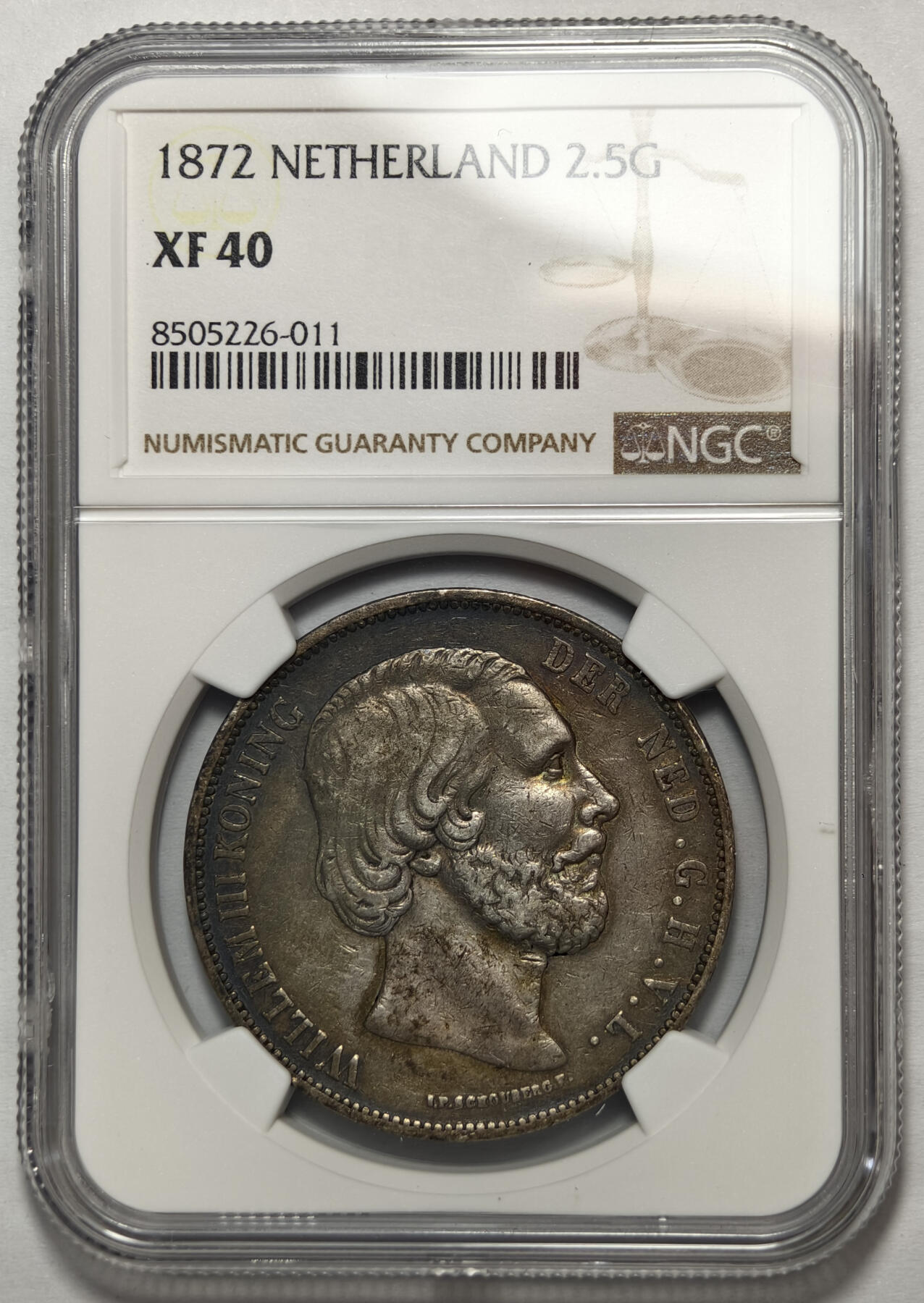 紫瑗钱币——第576期 荷兰 1872年 威廉三世 2.5盾 25克 0.945银 老五彩包浆 NGC XF40