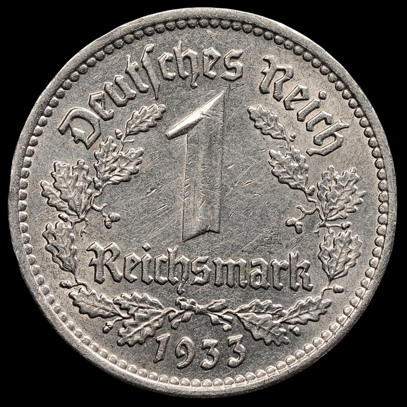 修遠堂世界钱币第七十八期 1933年德国1马克F厂铭 带光